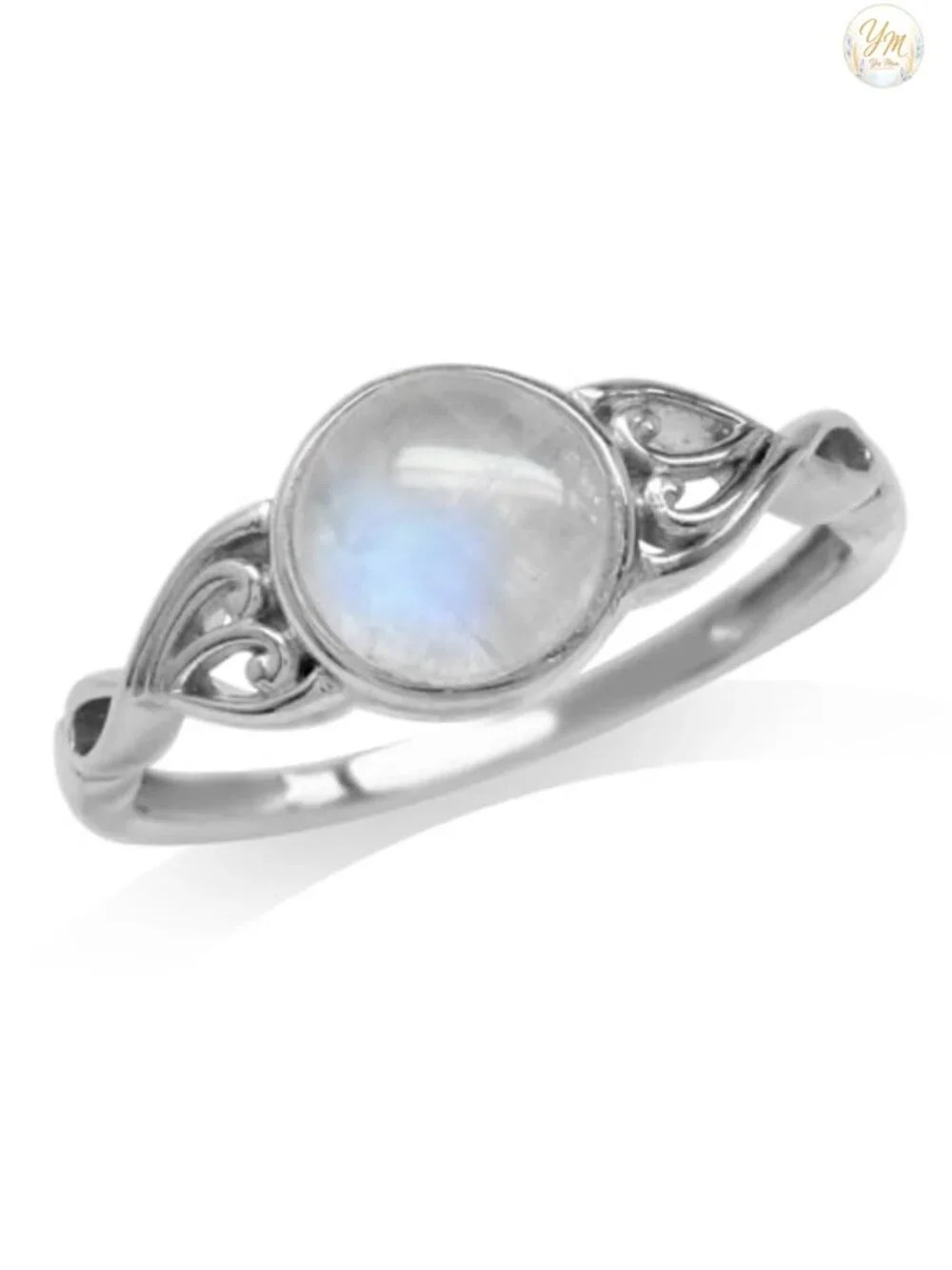 7MM Natural Moonstone 925 Sterling Silver White Gold Plated Solitaire Ring